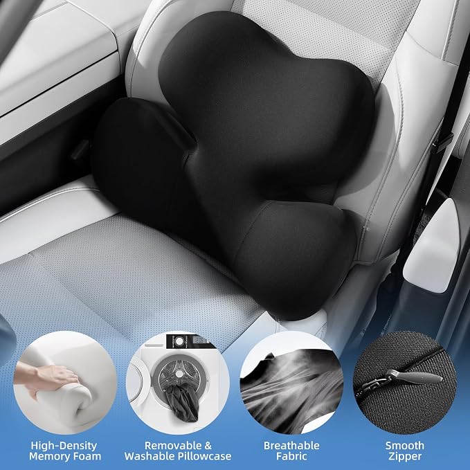 BEBAS Ergonomic Memory Foam Lumbar Support Pillow for Car, Black | Zoned Pressure Relief for Back Support, Lumbar Cushion with Fixed Ring, Breathable Washable Cover, Fits for Driving & Office
