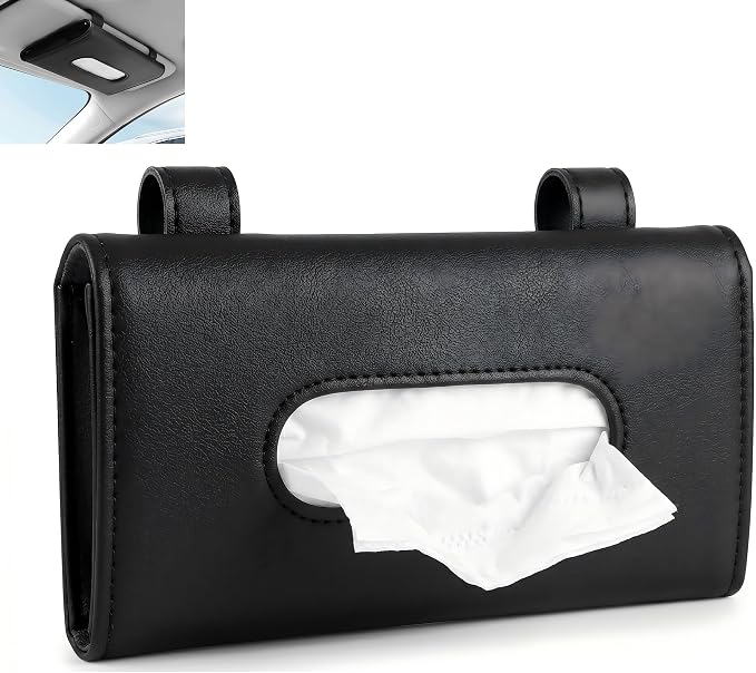 Car Tissue Holder, Visor Tissue Box for Car SUV Truck, Sun Visor Napkin Holder with Metal Clip, PU Leather Auto Interior Accessories (Black)