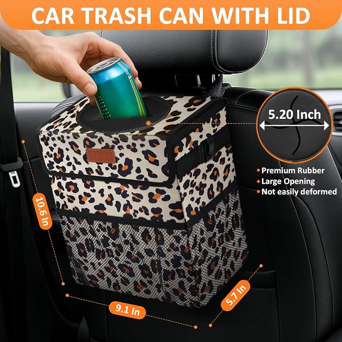 Vankor Cute Car Trash Can, Car Accessories for Women Interior Can Trash Bag Hanging Automotive Garbage Cans Leopard Pattern