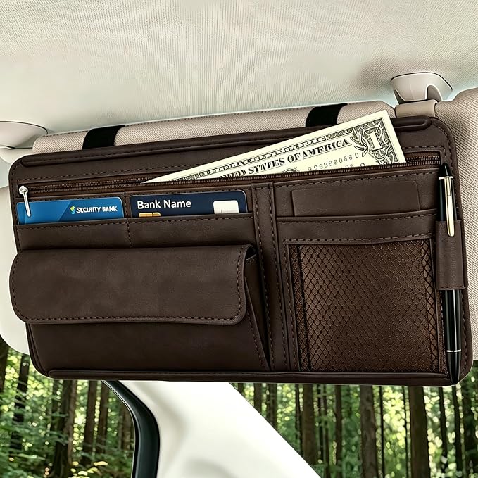Car Sun Visor Organizer, Visor Accessories, Leather Sunvisor Pocket Organizer Case with Multi-Pocket Net Zipper, Waterproof Auto Sunshade Organizer Bag for Card Pen Sunglasses Document (Brown)