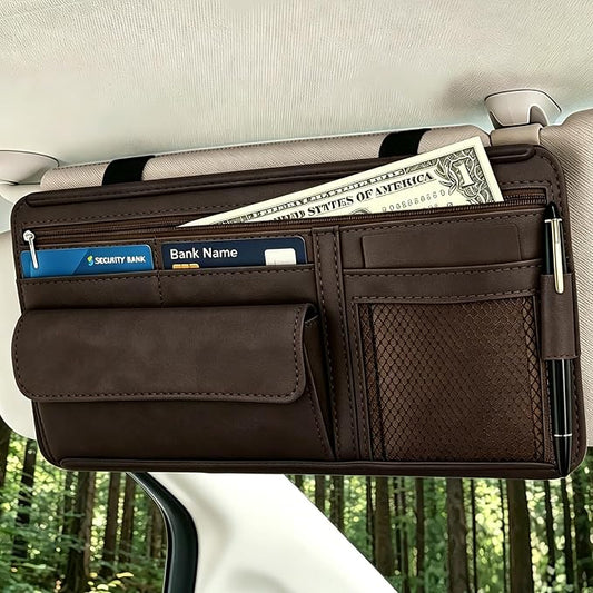 Car Sun Visor Organizer, Visor Accessories, Leather Sunvisor Pocket Organizer Case with Multi-Pocket Net Zipper, Waterproof Auto Sunshade Organizer Bag for Card Pen Sunglasses Document (Brown)