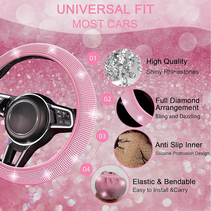 NBTEPEM 8 pcs Pink Bling Car Accessories Set for Women, Steering Wheel Cover, Sparkly Seat Belt Covers, Bling Gear Shift Cover, Universal Fit Most Cars (All Pink Diamond)