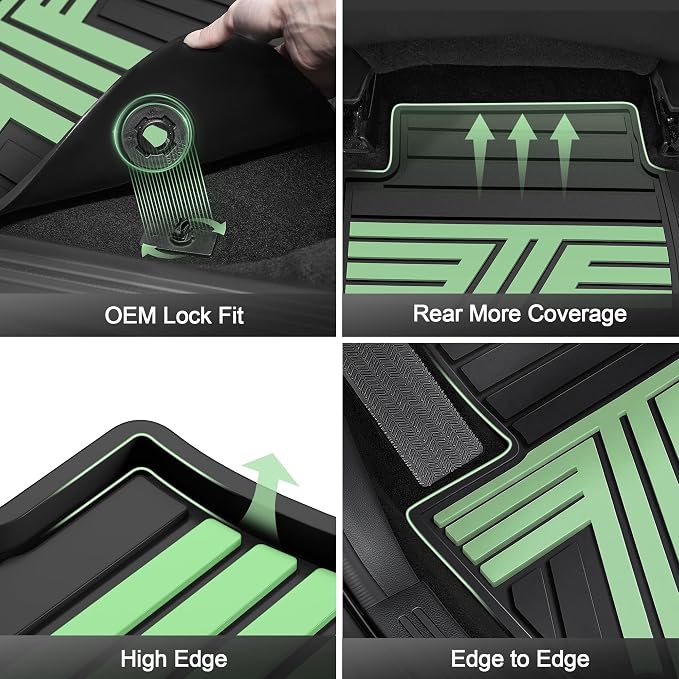 Rubber Floor Mats for Honda CR-V 2026 2025 2024 2023 (Gasoline & Hybrid) | All Weather Custom Fit Heavy Duty Car Mats for CRV, 1st & 2nd Row, Black & Green