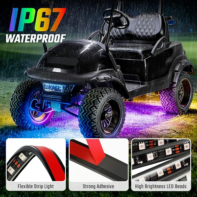 CLUBRALLY Golf Cart Underglow LED Light Strip Kit, 28 Modes Neon Underbody Glow, 12-85V, Music Sync, Wireless Remote Control, Universal for All Golf Carts, EZGO, Club Car, Yamaha, 4 Pack