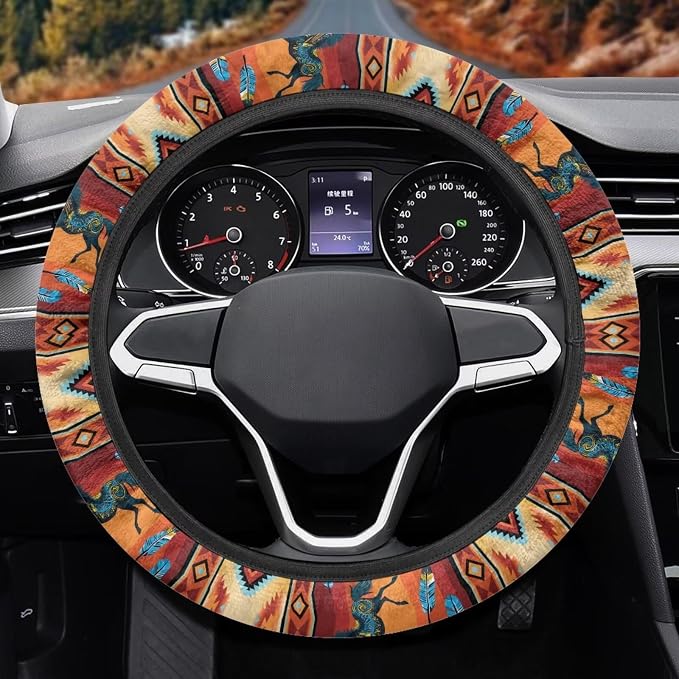 Wanyint Auto Steering Wheel Cover for Women Men, Universal 15 Inch Soft Elastic Steering Wheel Wrap Anti-Slip Easy to Install Car Accessories, Aztec Geometric Horse Orange