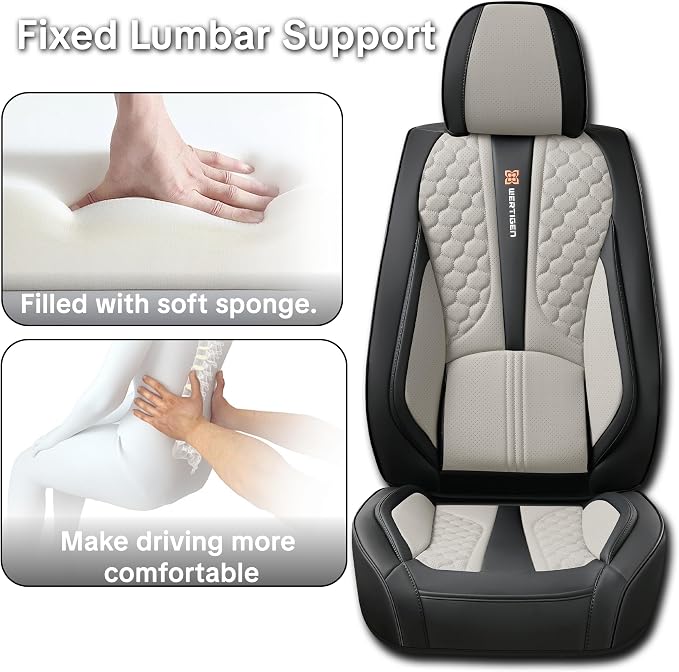 Black and Grey PU Leather Car Seat Covers | Luxury Waterproof Car Seat Covers with Lumbar Support, Non-Slip Base, Airbag Compatibility, Easy Installation and Cleaning