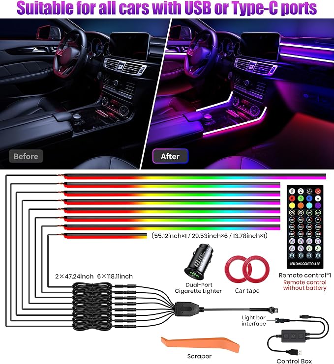 KENANEK 246inch Acrylic LED Lights for Car– 8 Dreamcolor Interior Car LED Strip Light, APP/Remote/Control Box, Music Sync, Dual USB Cigarette Lighter, Universal Fit for Car/SUV/Truck
