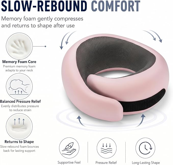 Travel Neck Pillow for Airplanes, 100% Pure Memory Foam Travel Pillow with Ergonomic 360° Support, Travel Essentials for Long Flights, Car, Train and Home, Max Pink