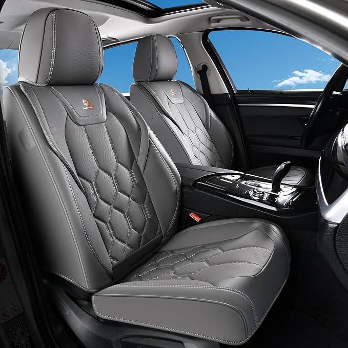 Huidasource Front Seat Covers, Universal Fit for Most Cars SUV Trucks, Full Coverage Leather Seat Cover, Airbag Compatble, Seat Function Retain, Storage Pocket Design, Easy to Install, Gray