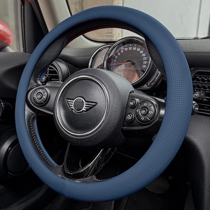 PINCTROT Large Size Nappa Leather Steering Wheel Cover, Slim Fit No Bulk Design, One Piece Leather with Breathable Perforation, Fit Like Gloves, 15.5-15.75 Inch(Nappa Smoky Blue)