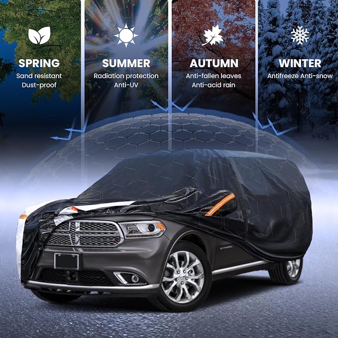 Multi-Layer Car Cover Custom Fit for Dodge Durango(1998-2026), 100% Waterproof All Weather for Automobiles, Gift with Towel, Heavy Duty Car Covers for Rain Sun UV Protection with Door Zipper
