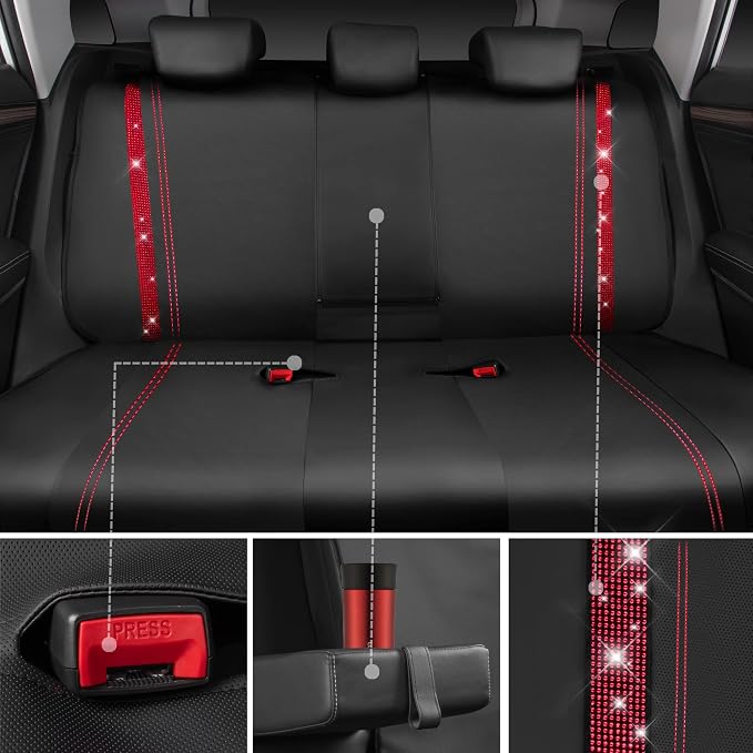 CAR Pass Bling Car Seat Covers Full Set, Shining Rhinestone Diamond Waterproof Faux Leather, Rear with Zipper, Universal Fit Automotive Glitter Crystal Sparkle Strips for Women Girl, Black Red
