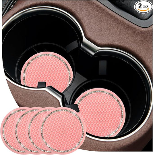 4PCS Bling Car Cup Coaster, 2.69 Inch Anti-Slip Auto Cup Holder Drink Mat w/Crystal Rhinestones, Universal Shiny Diamond Vehicle Insert Coasters Cups Mats for Women (Pink & White)