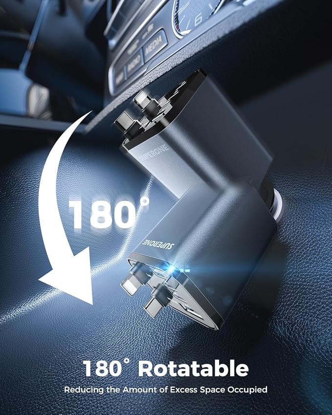 Upgraded SUPERONE Retractable Car Charger, [Ultra-Compact] 6-Port Car Charger USB C, iPhone Car Chargers Fast Charging with USB C & Apple Cable, RV Power Adapter for iPhone 17/16/15/14/13/12 | iPhone Car Chargers Fast Charging with USB C & Apple Cable,...