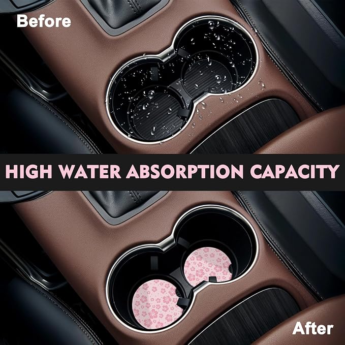 2 Pack Car Coasters for Cup Holders, Absorbent Ceramic Cup Coaster with Cork Base and Finger Notch, Cute Car Accessories Interior for Women Men