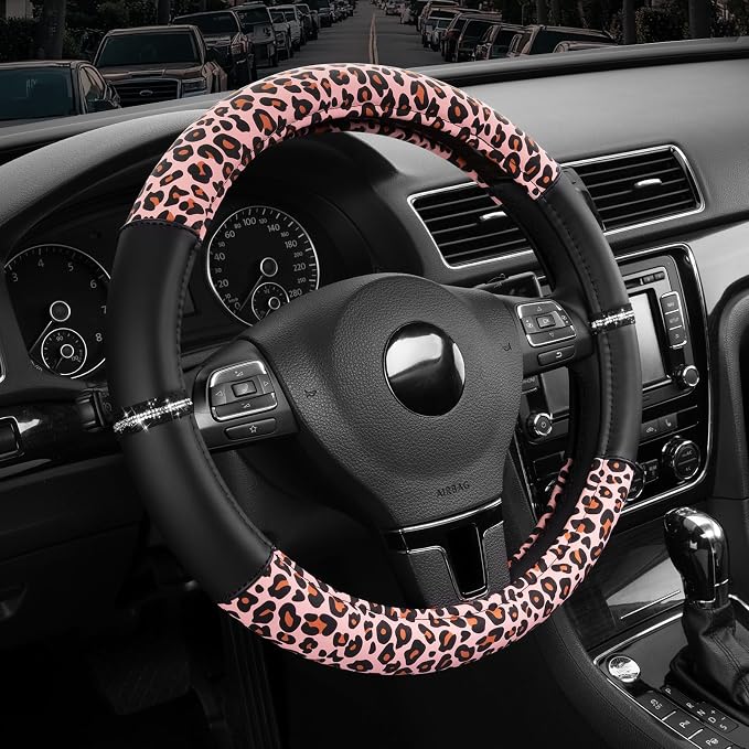 Road Comforts Leopard Steering Wheel Cover for Women, Cute Anti-Slip Microfiber Leather, Fits 14.5-15 Inch Steering Wheel 14.5-15 Inch - Black and Pink Cheetah
