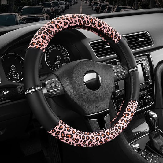 Road Comforts Leopard Steering Wheel Cover for Women, Cute Anti-Slip Microfiber Leather, Fits 14.5-15 Inch Steering Wheel 14.5-15 Inch - Black and Pink Cheetah