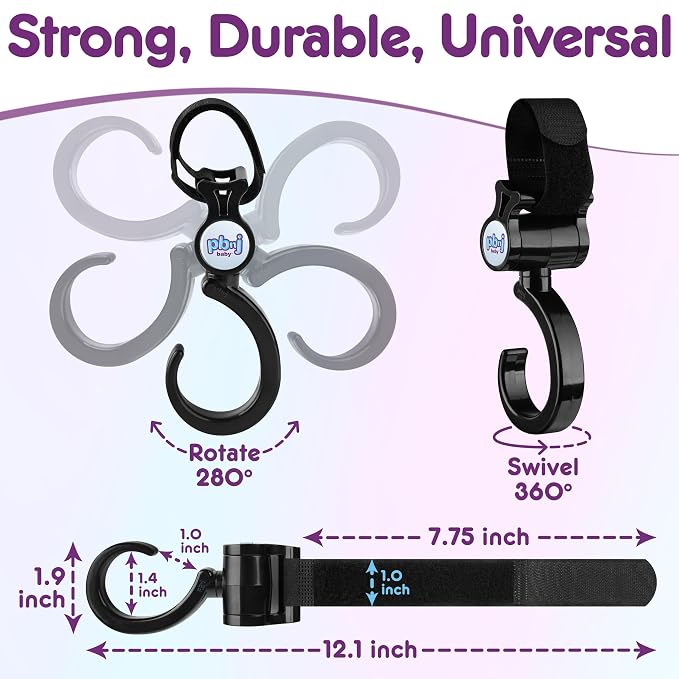 PBnJ Baby Stroller Hooks for Diaper Bags, Purses and Travel, 2 Pack