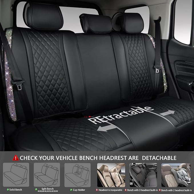 CAR PASS Iridescent Diamond &NAPPA Calfskin Leather Cushioned,Bling Seat Covers,Waterproof Heavy-Duty Anti-Slip,Universal Fit for Auto SUV Sedan,Sparkly Glitter Shining Rhinestone Full Set, Multicolor