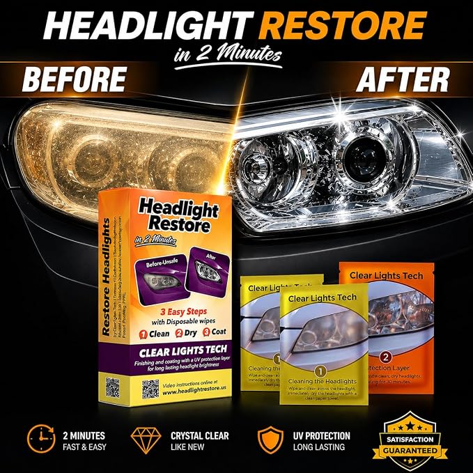 Clear Lights Tech, Headlight Restoration Kit - Headlight Cleaner 3-Wipe System, Restores Clarity, Removes Yellowing & Oxidation, Improves Nighttime Driving Safety, Long Lasting UV Protection.