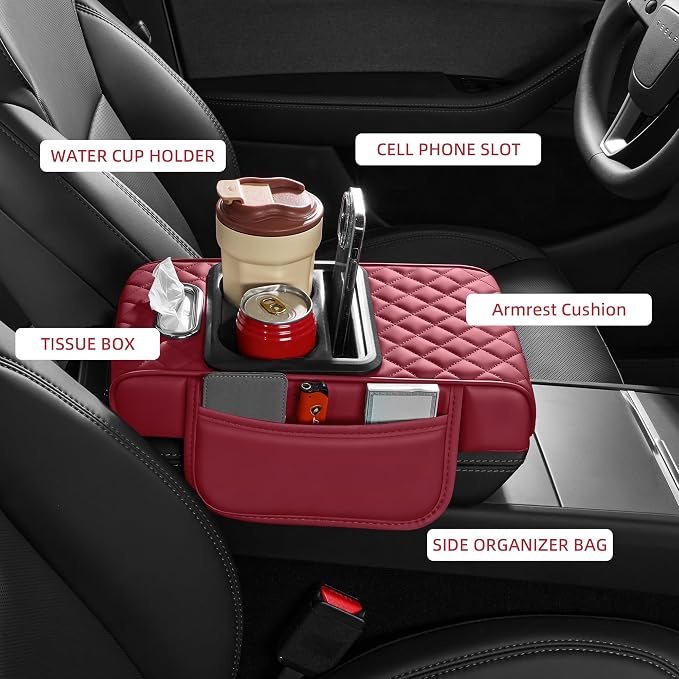 5 in 1 Nappa Leather Console Armrest Cover, Burgundy | Built-in cup holder, tissue slot, phone holder & 2 storage pockets, practical car accessories fit SUV sedan truck