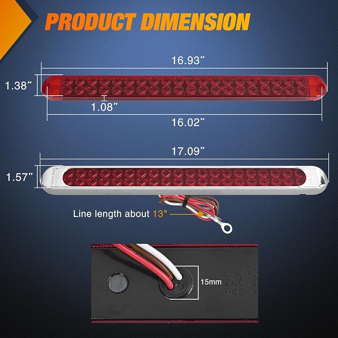 Nilight LED Tail Light 2PCS 17" 40LED Red Running Tail Stop Brake Lights | W/ Chrome Bezel Waterproof Surface Mount For 12V Towing Trailer Truck RV Camper Boat Identification
