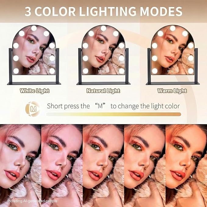Arched Makeup Vanity Mirror with LED Lights Makeup Mirror Detachable 10X Magnification, Hollywood Make Up Mirror with Lighting, Smart Touch, Rechargeable,360° Rotation,Black 14.17"x 11.81"