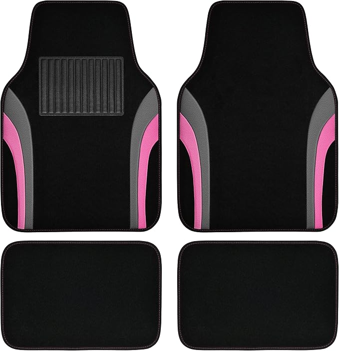 CAR PASS Leather Sporty Car Floor Mats Carpet, Universal Waterproof Automotive Floor Mat Fit for Sedans, Cars, Mid Trucks, Vans, SUV, Set of 4 (Black and Pink)