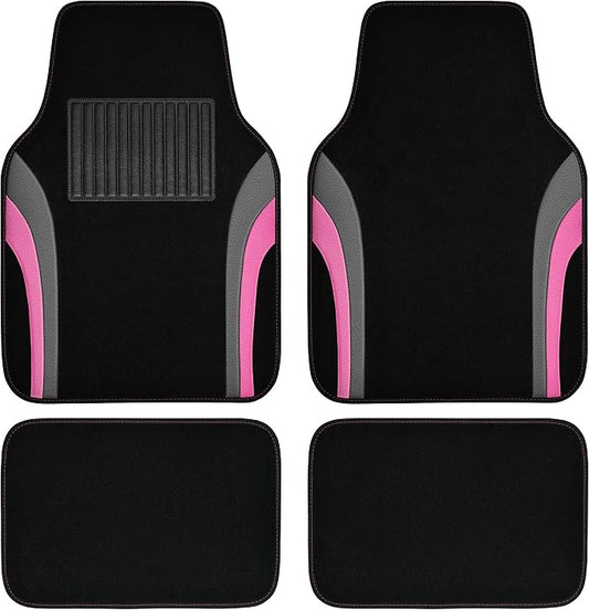 CAR PASS Leather Sporty Car Floor Mats Carpet, Universal Waterproof Automotive Floor Mat Fit for Sedans, Cars, Mid Trucks, Vans, SUV, Set of 4 (Black and Pink)