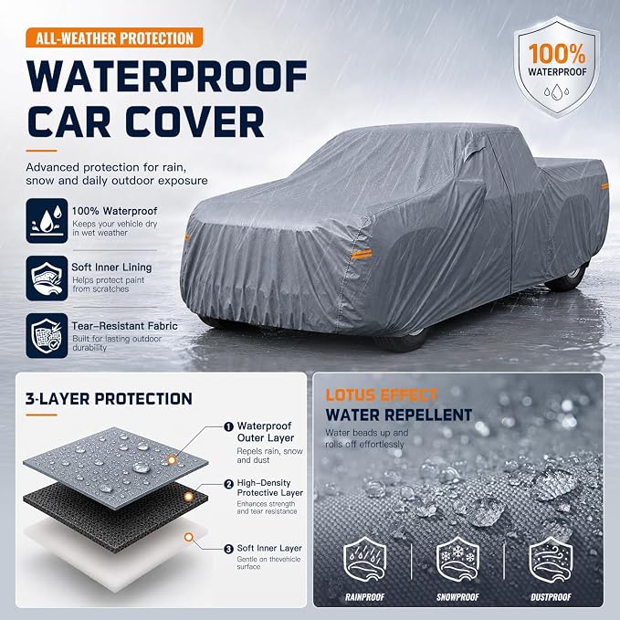 Truck Cover Waterproof All-Weather,Outdoor Full Exterior Pickup Covers(Length 251-262 inch) with Windshield Sun Shade Universal Fit RAM 2500, Silverado 1500 2500 etc,Size T7 (See SizeChart)