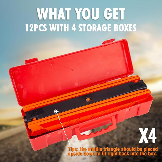 CARTMAN 12PK DOT Warning Triangles with Empty Base & Storage Case | No pre-filled sand, fill sand yourself for stability, high visibility reflectors meet US FMVSS 571.125 safety specs
