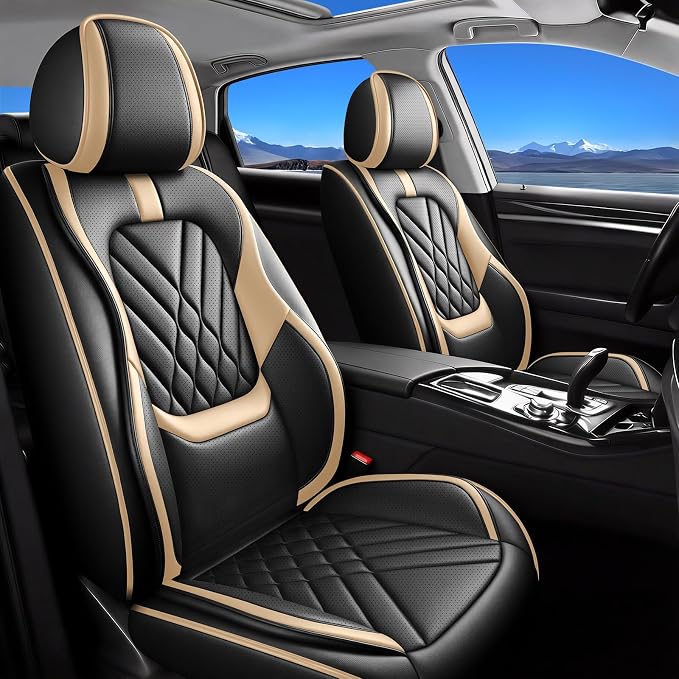 Fit Kicks Car Seat Covers Compatible with Nissan Kicks 2018-2025 2026 S SR SV-Premium Leather,Waterproof,Breathable,Airbag Compatible &All-Weather Seat Cushion Protecto(Full Set,Beige)