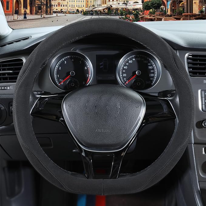 Black Suede D Shaped Steering Wheel Cover 14.5 inch to 15 inch | Warm in Winter and Cool in Summer, Universal Felt Car Accessories, Breathable Non-Slip Sweat-Proof Wear-Resistant