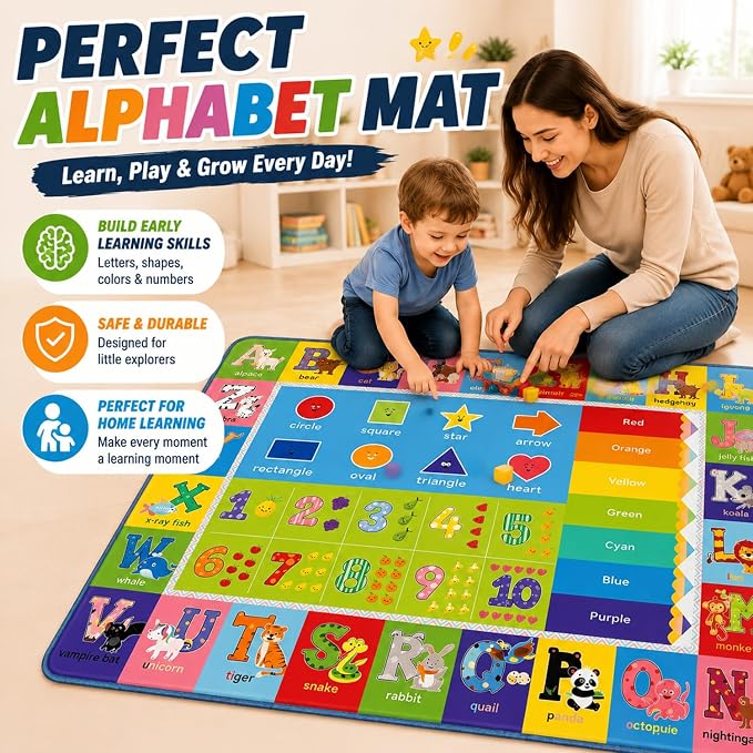ABC Kids Play Rug, Non-Slip Classroom Carpet, 59" x 39.4'' | Colorful ABC pattern, soft low-pile surface, non-slip backing, ideal for playrooms and classrooms