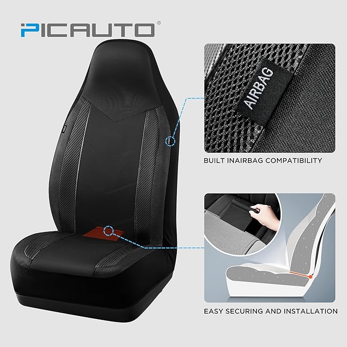 PIC AUTO Car Seat Covers, High-Back Full Set Automotive Seat Covers, Front and Rear Bench - Sports Carbon Fiber Mesh Design, Universal Fit for Most Cars, SUVs, Trucks, Airbag Compatible (Black)