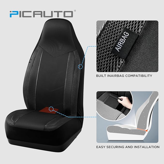 PIC AUTO Car Seat Covers - High Back Front Sports Carbon Fiber & Mesh Design Seat Covers, Automotive Seat Covers, Universal Fit for Most Cars, Airbag Compatible (Black)