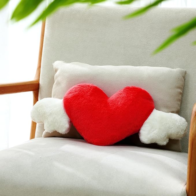 Macarrie 2 Pcs Plush Heart Shaped Pillow with Angel Wings Car Headrest Soft Comfortable Seat Pillow for Driving Travelling Room Office Car Decor, 19.7 x 8.3 Inch(Red)