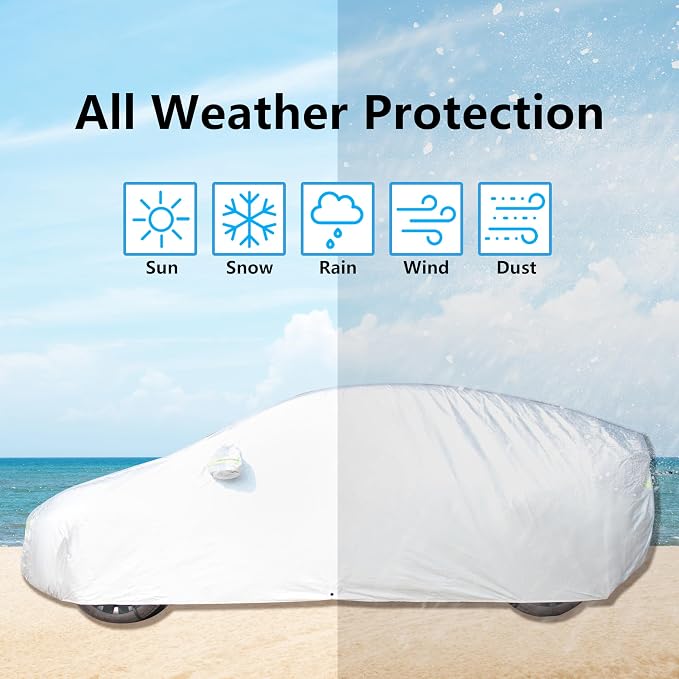 Car Cover Fit for 170-190 inches Length Sedan Waterproof All Weather Outdoor Full Cover Rain Sun UV Protection Driver Side Door Zipper Dirtproof, Scratch Resistant, Breathable, Dustproof
