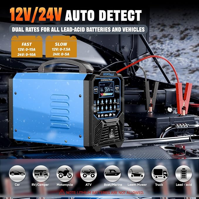 DCACNLE 12V/24V 0-15A Car Battery Charger Heavy Duty,Automatic Maintainer | Smart Trickle Charger,Desulfator with Overcharge Protection & Auto Shutoffs,Suitable for Various Vehicles&Lead Acid Batteries