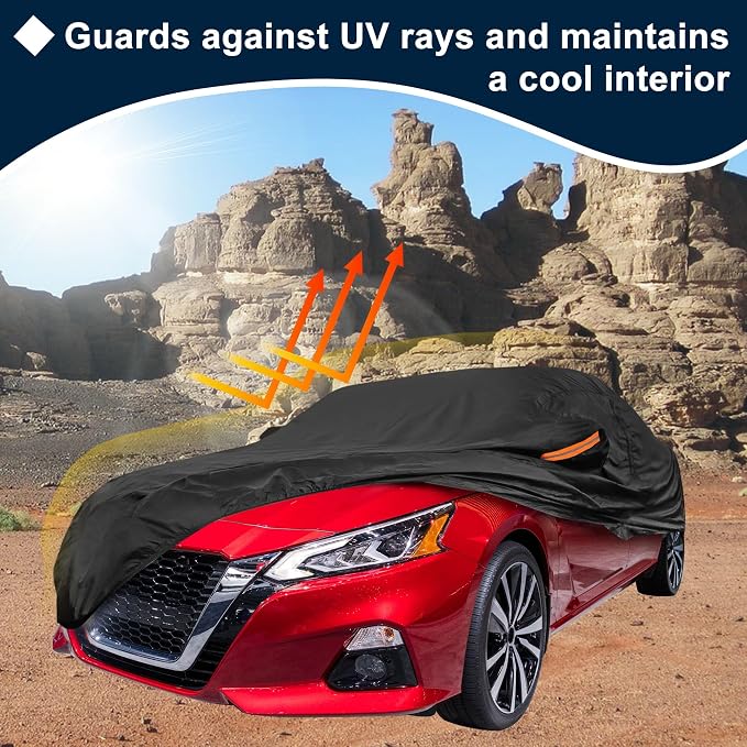 Black Heavy Duty Waterproof Car Cover for Sedan 201"-207" - All-Weather UV Protected Outdoor Full Exterior Cover with Sun/Snow/Rain Resistance