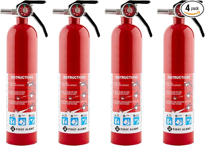 First Alert Fire Extinguisher for Home, Standard Rechargeable Compliance Unit, UL RATED 1-A:10-B:C, HOME1-4, Red, 4-Pack