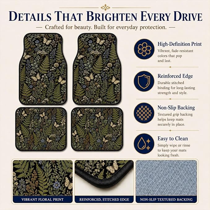 Butterfly Fern Car Floor Mats Set of 4 Dark Botanical Wildflower Car Accessories Foot Mats Rugs, Non-Slip,Decor for Universal Fit for Suvs Sedans Trucks Cars Auto Floor Carpets Rugs All-Weather