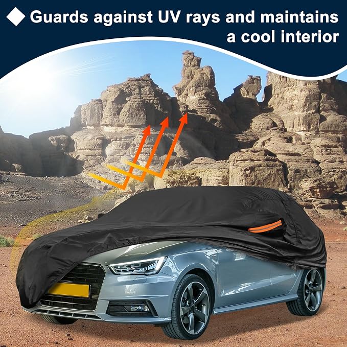 Black Heavy Duty Waterproof Car Cover for Sedan 169"-175" - All-Weather UV Protected Outdoor Full Exterior Cover with Sun/Snow/Rain Resistance