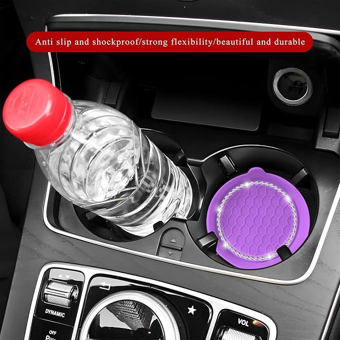 Sun Walker 4 PCS Bling Car Cup Holder Coaster, Non Slip Sparkly Rhinestone Cup Holder Pad Insert Coaster, Shockproof Silicone Shiny Embedded Drink Mat Interior Decor for Most Vehicles (Purple)
