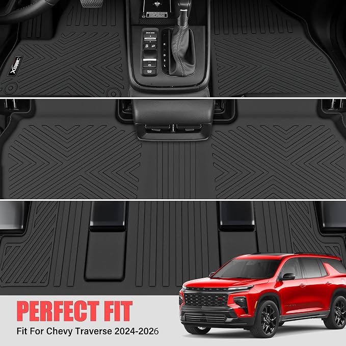 Floor Mats & Trunk Mat & Backrest Mat for 2024-2026 Chevy Traverse 7 Seats | All Weather TPE Rubber Cargo Liner and 2nd & 3rd Row Backrest Mat Door Sill Guards for Chevrolet Traverse 2026 Accessories