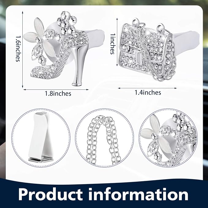 4 Pieces Air Vent Clip Crystal Rhinestone High Heel Shoe and Bag, Cute Bling Car Interior Decor Accessories For Decoration