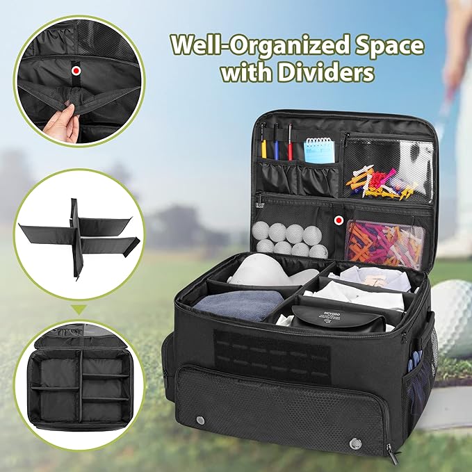 GOBUROS Golf Trunk Organizers for Car Truck SUV, Golf Storage Bag for Men | Golf Car Locker Organizer with Compartment for Shoes Up to US Mens 16, Golf Shoe Bag for Balls Tees Glove Accessories
