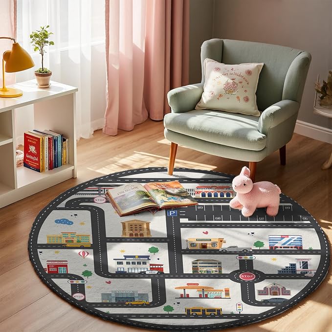 3.3ft Round Kids City Road Car Play Rug - Non-Slip Faux Wool Carpet with Interactive City Map Design, Educational Toy Vehicle Mat for Kids, Bedroom Playroom Nursery Gift.