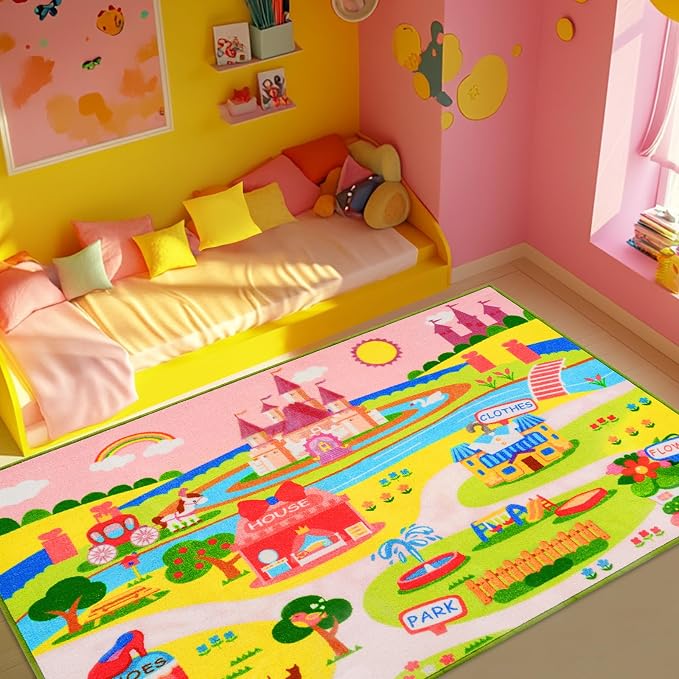 Booooom Jackson Pink Castle Play Rug, 39"x59" | Non-Slip Washable Pink Castle Play Rug, Gift for Girls Ages 3+, Imaginative Play, Playroom & Bedroom Decor