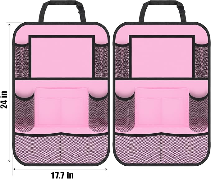 ULEEKA Car Backseat Organizer with 11" Table Holder, 10 Storage Pockets Seat Back Protectors Kick Mats for Kids Toddlers, Travel Accessories, 2 Pack, Pink